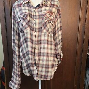 Ed Hardy Mens Plaid Long Sleeve Shirt Tiger Tattoo Embellished Button Up XL